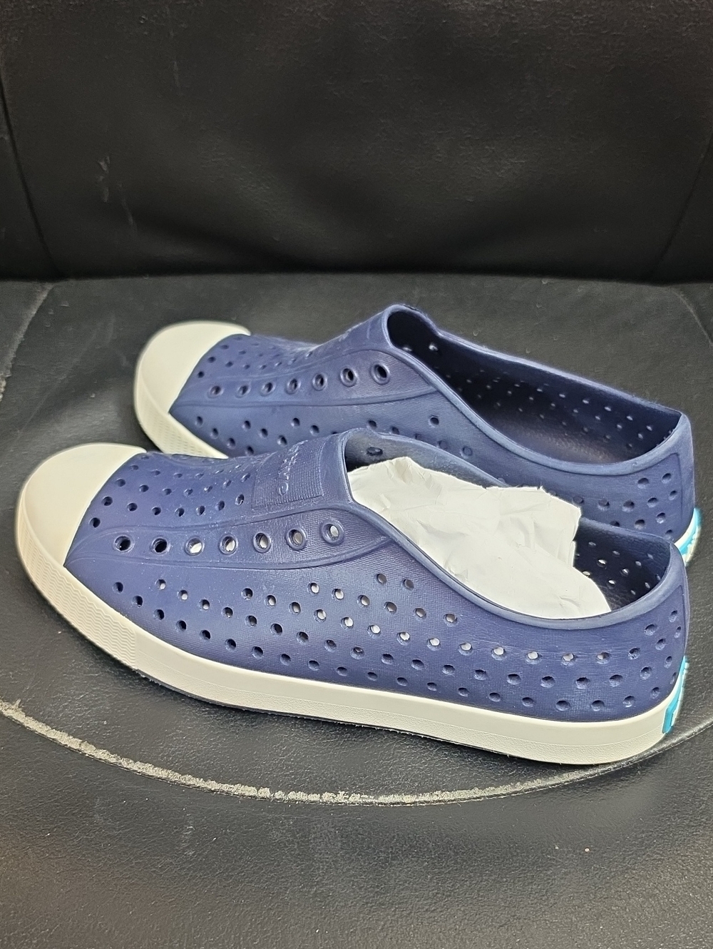 Native Navy Perforated Slip-On Moccasins with Cream Toe Cap